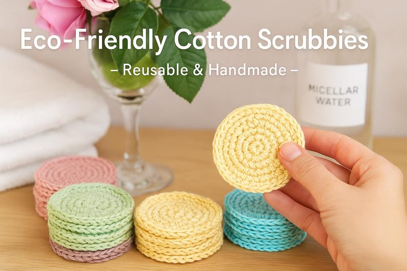 May include: Eco-Friendly Cotton Scrubbies in various colors, including yellow, pink, green, and blue. The handmade, reusable scrubbies are displayed with a bottle of micellar water and a rose in a glass.