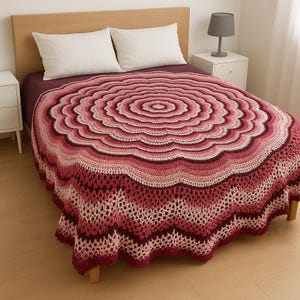 Handmade Round Crochet Blanket - 70" Mandala Throw in Pink & Burgundy | Custom Made to Order | Boho Bedspread or Sofa Accent
