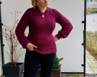 Ruby Red Merino Sweater Braid Pattern Figure-Hugging