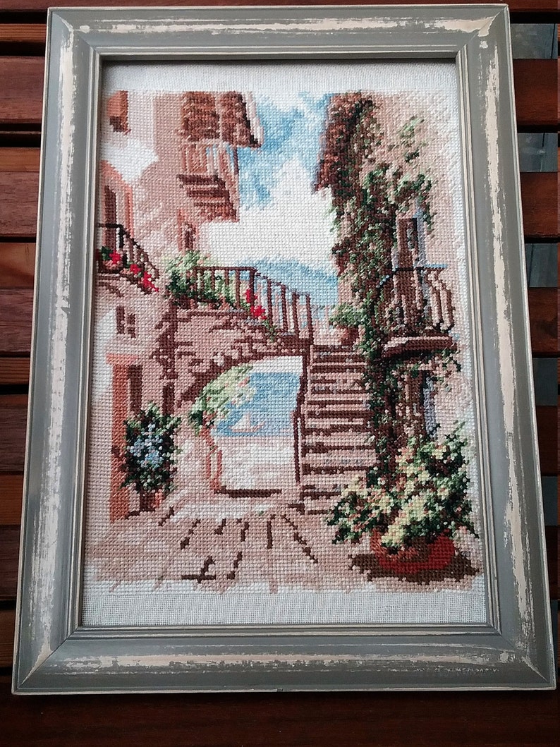 Beautiful cross-stitch painting with wooden frame Summer in Italy 21 x 30 cm image 2