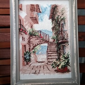 Beautiful cross-stitch painting with wooden frame Summer in Italy 21 x 30 cm image 1