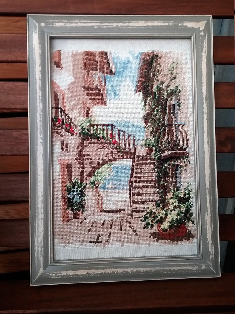 Beautiful cross-stitch painting with wooden frame Summer in Italy 21 x 30 cm image 1