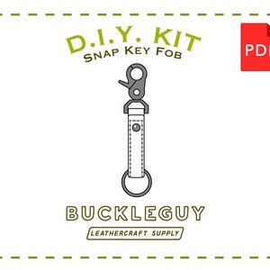 May include: DIY Snap Key Fob Kit PDF pattern for leathercraft. The pattern shows a silver snap hook, a leather strap, and a metal ring.