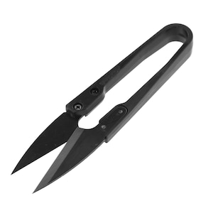 May include: A pair of black thread snips featuring a spring-loaded handle design. The tool has two sharp, pointed metal blades connected by a central pivot point with visible screws, allowing for precise cutting of threads and small fabric pieces.