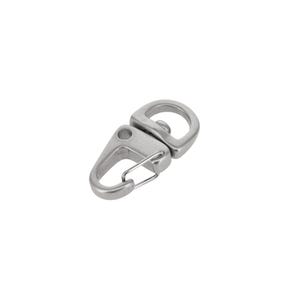 May include: A silver-toned metal swivel lobster clasp featuring a smooth, matte finish. The hardware includes a rotating D-ring attachment point at the top and a spring-loaded gate mechanism that opens inward to secure items firmly in place.