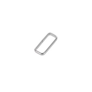 May include: A silver-colored metal rectangular loop with rounded corners. The hardware component features a smooth, polished finish and a continuous frame design, suitable for use as a strap connector or fastener in various assembly projects.