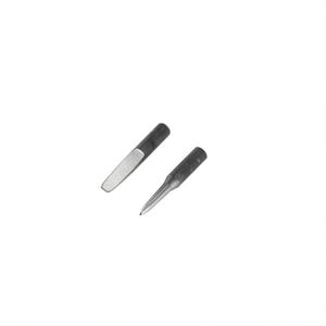 May include: Two soldering iron tips on a white background. One tip is flat and rectangular, while the other is pointed and conical. Both are dark gray and appear to be made of metal. The tips are angled slightly away from each other.