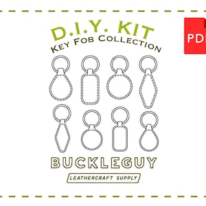 May include: DIY Key Fob Collection PDF pattern for leathercraft. The pattern includes eight different key fob shapes, including a teardrop, rectangle, circle, and diamond.  The pattern is available as a downloadable PDF file.