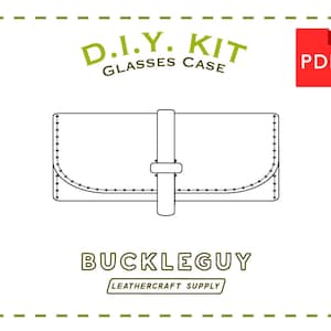 May include: A black and white line drawing of a glasses case with a buckle closure. The text "D.I.Y. KIT GLASSES CASE" is above the image and "BUCKLEGUY LEATHERCRAFT SUPPLY" is below the image. A red PDF icon is in the upper right corner.