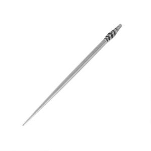 May include: A silver-colored toothpick with a pointed end and a decorative, ridged design near the top. The toothpick is made of metal and is set against a white background.
