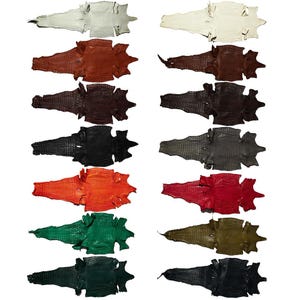 May include: A collection of fourteen individual alligator skins arranged in two vertical columns. Each hide features a distinct textured scale pattern and is dyed in a variety of colors including white, brown, black, orange, red, green, and dark blue.