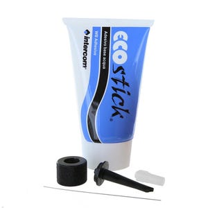 May include: A white tube of Eco Stick WB Adhesive base aqua glue with a black and blue label. The tube is accompanied by a black applicator nozzle, a clear plastic nozzle, and a metal needle.
