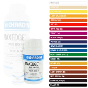 May include: Two bottles of Maxedge Pro Basic Edge Paint, one in beige and one in beige 02. The bottles are labeled with the brand name Giardini. A color chart is shown with various colors and their corresponding numbers.