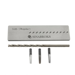 May include: A set of metal tools, including a rectangular plate with the text "3.85 [Regular]" and the brand name "SINABROKS". A drill bit and three small metal pieces are also included. The tools are arranged on a white background.