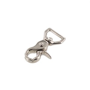 May include: Silver metal swivel hook with a D-ring. The hook is designed for attaching to a strap or leash.