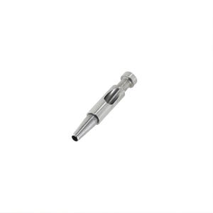 May include: A small, metallic, silver-colored tool with a cylindrical body and a tapered end. The tool has a hollow section with an oval opening and a rounded top. The overall design suggests a precision instrument or component.