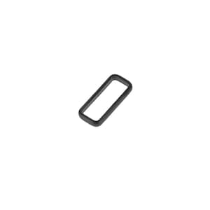 May include: A small, rectangular black metal loop fastener with rounded corners. This hardware component features a smooth, solid finish and a hollow center, designed for connecting straps or webbing in various assembly and craft projects.