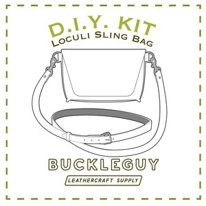 May include: DIY kit for a Loculi Sling Bag, a black and white line drawing of a bag with a strap and buckle. The text "D.I.Y. KIT LOCULI SLING BAG BUCKLEGUY LEATHERCRAFT SUPPLY" is also included in the image.
