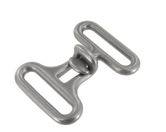 May include: Silver metal buckle with a hook and two loops. The buckle is designed for attaching straps or belts.