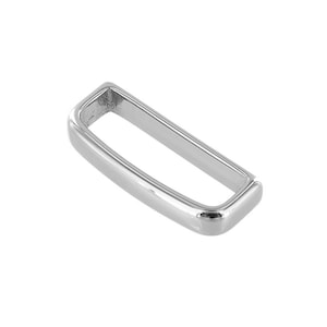 May include: Silver-toned metal rectangular loop with rounded edges. The loop is designed for attaching to a strap or chain.
