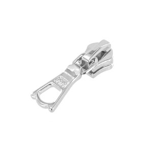 May include: Silver zipper pull with a loop for attaching to a zipper slider.