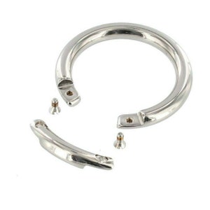 Könnte beinhalten: Ein silberner Metallring mit einem kleineren silbernen Metallstab, der daran befestigt ist. Ring und Stab sind durch zwei kleine silberne Schrauben getrennt.