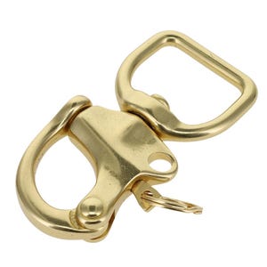 Könnte beinhalten: Ein polierter Messing-Karabinerhaken mit einem abgerundeten D-Ring-Befestigungspunkt an der Oberseite und einem federbelasteten Verschlussmechanismus an der Unterseite. Das Metallteil hat eine glatte, goldfarbene Oberfläche und einen kleinen Spaltring.