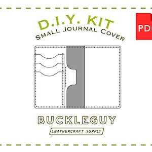 May include: DIY kit for a small journal cover. The PDF pattern shows a leather cover with a pocket and a spine. The text "BUCKLEGUY LEATHERCRAFT SUPPLY" is below the image.