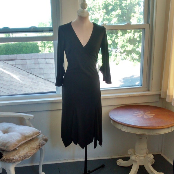 Vintage Black Polyester Dress with Handkerchief Hem and Bell Sleeves