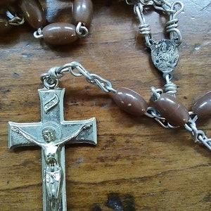 Vintage Rosary of Brown Oval Beads and Silver-tone Chain and Crucifix in Carrying Case
