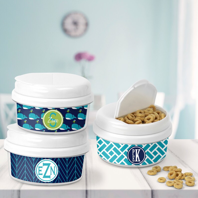 Personalized Snack Containers Monogrammed Customized Holder Blue Whales Collection