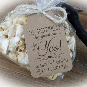 Bridal Shower Popcorn Favor kits-3 TAG COLORS | Popcorn favor-20-100 DIY Bags/Favor Tags & tie, He Popped the question she said yes