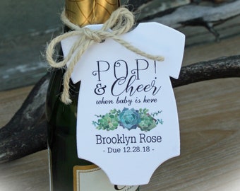 Pop and Cheer When Baby is Here Champagne Baby Shower Favor  |  Succulent Baby Shower Favor | Pop and cheer - Tags only OR Tags+Twine