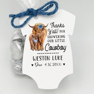 Boy Highland Cow Baby Shower Favors | Thanks Y&#39;All for showering our little Cowboy, Highland Cow Boy Baby Shower-Tags ONLY or tag/bag/twine