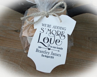 S\u2019more Baby Shower Favor Tags Party Favor Gift Tags Adding S/'more Love To Our Family Tags Mini Onesie Girl Baby Shower Smore Favor Tags