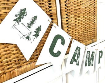 PRINTED Camping Birthday Party Banner, Camp themed Birthday Party Decor, End & Bear Pennants automatically included in all-Forest Green
