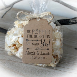 Bridal Shower Popcorn Favor kits-3 TAG COLORS | Popcorn favor-20-100 DIY Bags/Favor Tags & tie, He Popped the question she said yes