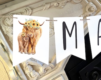 PRINTED Sunflower Highland Cow Baby Shower Banners, Decorations for Highland Cow Baby Shower, Sunflower Highland Cow Banners