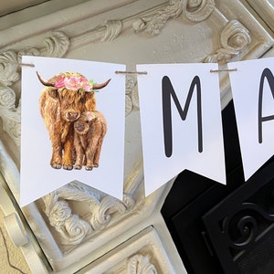 PRINTED Roses Highland Cow Baby Shower Banners, Decorations for Girl Baby Shower