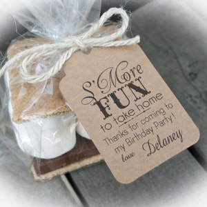 S&#39;Mores Birthday Party Favor Kits-3 TAG COLORS | Smores favor-20-100 DIY Bags/Favor Tags w/Ribbon or twine | 1st Birthday Favors-Bag sz Lge