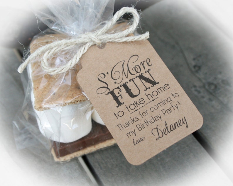 May include: A brown paper gift tag with the text "S'More FUN to take home Thanks for coming to my Birthday Party! Love Delaney" tied to a clear plastic bag containing a s'more.