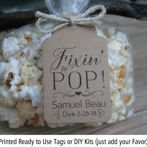 Fixin' to Pop Baby Shower Favor Kits-3 TAG COLORS | Popcorn favor-20-100 DIY Bags/Favor Tags w/Ribbon or twine | Baby shower Favors-Ft