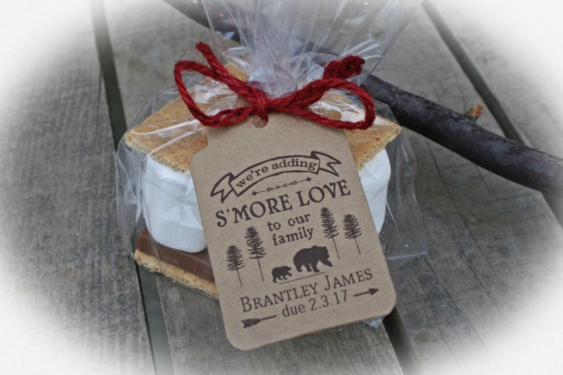 Lumberjack Baby Shower S'More Love Favor Kits-3 TAG COLORS choices w/Bags/Ribbon or twine Bear Baby Shower Favor Kits ONLY image 1