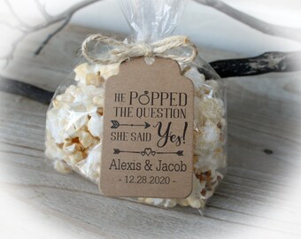 Bridal Shower Popcorn Favor kits-3 Tag Colors | Popcorn favor-TAGS ONLY or DIY Bags/Favor Tags & tie, He Popped the question-BagLge