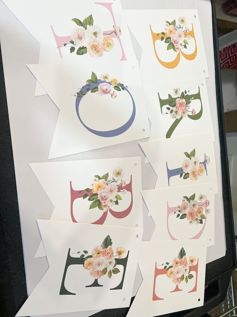 May include: A floral banner with the word "Birthday" spelled out in different colors. Each letter is decorated with a floral arrangement in shades of pink, yellow, and green.