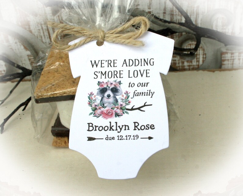 Raccoon with Flowers Baby Shower Favor Woodlands Girl Baby Shower Favor Adding S/'more love to our family Raccoon Baby Shower Favor Girl
