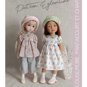 Patron couture "Eglantine" pour poupées Fashion Friends, Götz little Kidz (36cm), Sasha Morgenthaler-ROBE ou Blouse, PANTACOURT et CHAPEAU