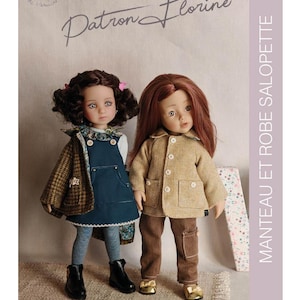 May include: Two dolls dressed in handmade clothing. One doll wears a blue denim jumper with a floral-patterned jacket. The other doll is wearing a tan coat and brown pants. The image includes the text "Patron Florine" and "MANTEAU ET ROBE SALOPETTE".