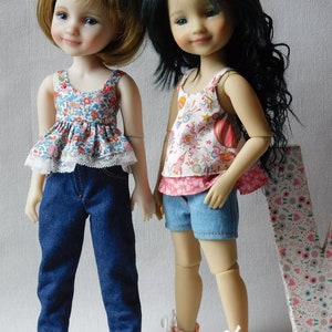 "Pauline" sewing pattern for Ruby Red Fashion Friends dolls - JEANS shorts or pants and TOPS with braces