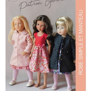 May include: A sewing pattern for a simple dress and coat for dolls. The pattern is called "Gemma" and is designed for dolls with a similar size to the ones pictured. The dolls are wearing the finished garments in the image. The text on the image reads "Les Chéries de Vaniline Patron Gemma Robe Simple et Manteau Les explications de ce patron sont sur le blog "Ma p'tite école de couture", catégories "robe sans col" et "manteau" - http://poupeecouture.canalblog.com/"
